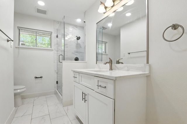 9226 Kapri Ln, Houston, TX 77025 - full bath featuring marble finish flooring, vanity, a shower stall, and recessed lighting