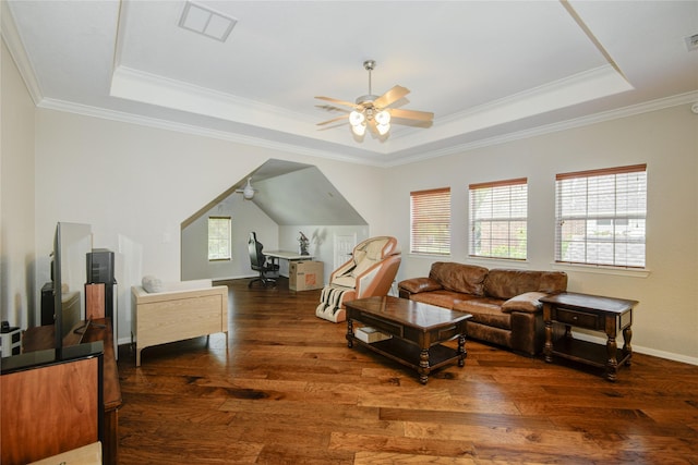 22315 Claysprings Ln, Katy, TX 77450 - living room featuring a tray ceiling, a ceiling fan, wood finished floors, plenty of natural light, and crown molding