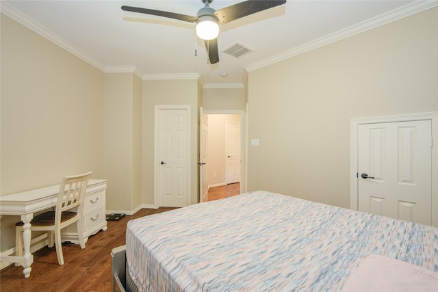 22315 Claysprings Ln, Katy, TX 77450 - bedroom with crown molding, dark wood-style floors, and a ceiling fan