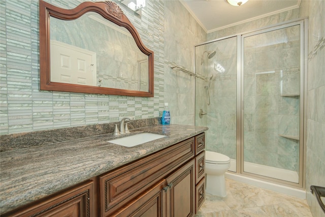 22315 Claysprings Ln, Katy, TX 77450 - bathroom with a stall shower, vanity, ornamental molding, and tile walls