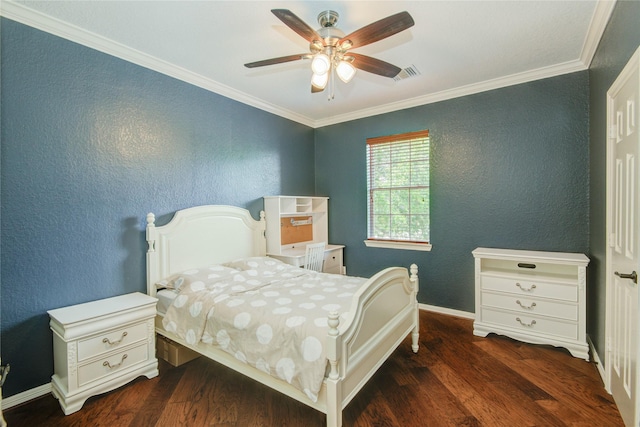 22315 Claysprings Ln, Katy, TX 77450 - bedroom with dark wood finished floors, a textured wall, crown molding, and a ceiling fan