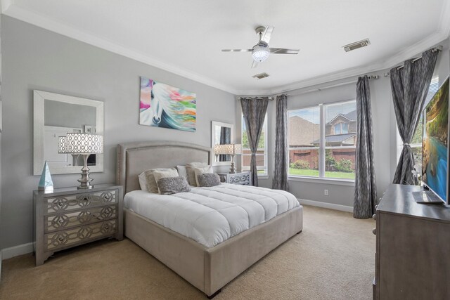 9523 Sapphire Hill Ln, Katy, TX 77494 - carpeted bedroom with ornamental molding and ceiling fan