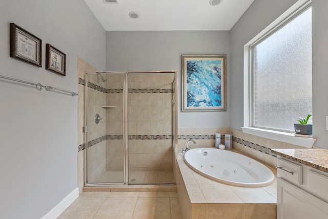 9523 Sapphire Hill Ln, Katy, TX 77494 - bathroom with a whirlpool tub, a shower stall, vanity, and tile patterned floors