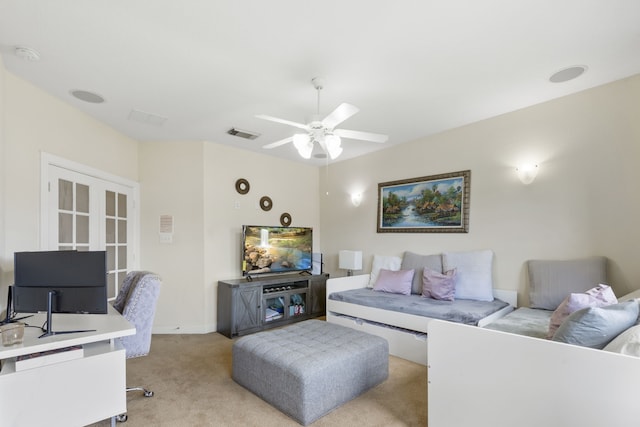 9523 Sapphire Hill Ln, Katy, TX 77494 - living room featuring a ceiling fan, light carpet, and an office area