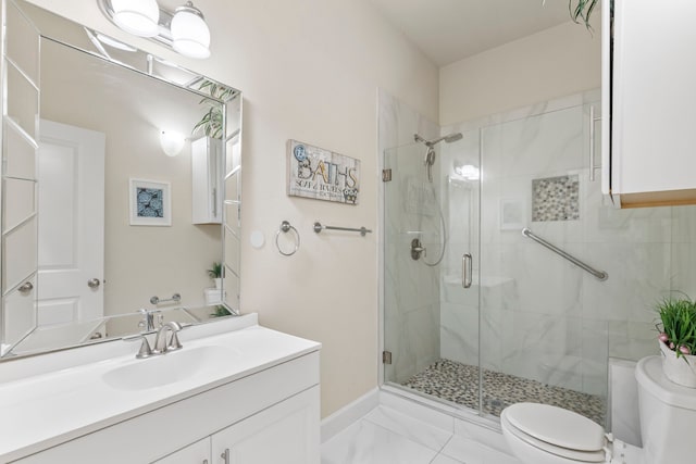 9523 Sapphire Hill Ln, Katy, TX 77494 - bathroom featuring a stall shower, vanity, and marble look tile flooring