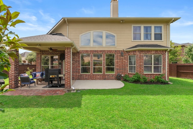 9523 Sapphire Hill Ln, Katy, TX 77494 - rear view of property featuring ceiling fan, a patio, a fenced backyard, and a chimney