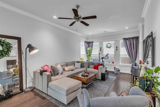 3009A Bell St, Houston, TX 77003 - living area with ceiling fan, dark wood-style flooring, recessed lighting, and crown molding