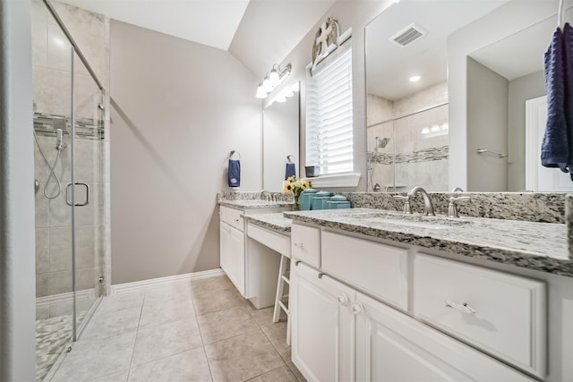 30806 Meadow Wood Dr, Fulshear, TX 77441 - full bathroom with a stall shower, vanity, tile patterned flooring, and vaulted ceiling