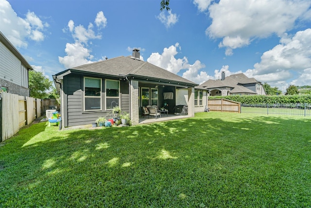 30806 Meadow Wood Dr, Fulshear, TX 77441 - rear view of property featuring a fenced backyard, a patio area, a chimney, and roof with shingles