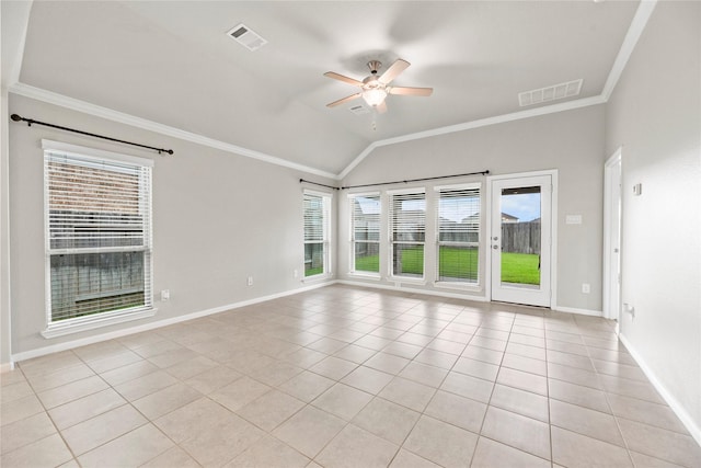 31222 S Pinebrook Falls Ln S, Hockley, TX 77447 - unfurnished room featuring plenty of natural light, a ceiling fan, light tile patterned floors, ornamental molding, and lofted ceiling