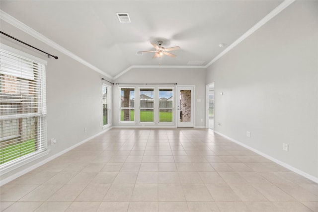 31222 S Pinebrook Falls Ln S, Hockley, TX 77447 - spare room featuring ceiling fan, light tile patterned floors, vaulted ceiling, and crown molding