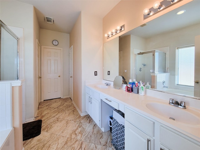 11811 Champions Grove Ln, Houston, TX 77066 - full bathroom with a shower stall, double vanity, and a garden tub