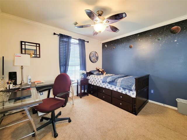 11811 Champions Grove Ln, Houston, TX 77066 - carpeted bedroom featuring crown molding, an office area, and ceiling fan