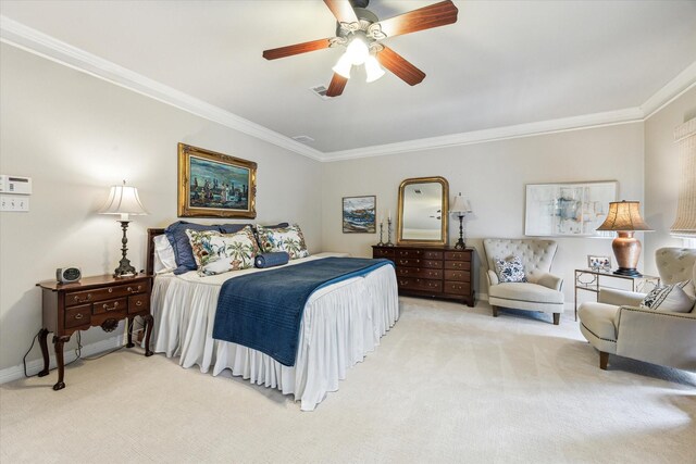 3827 Marquette St, West University Place, TX 77005 - bedroom featuring light colored carpet, crown molding, and a ceiling fan