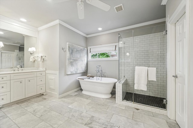 3827 Marquette St, West University Place, TX 77005 - full bathroom featuring vanity, a freestanding bath, a shower stall, crown molding, and a ceiling fan