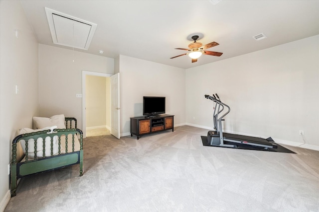3827 Marquette St, West University Place, TX 77005 - exercise area with attic access, carpet floors, and a ceiling fan