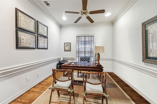 3827 Marquette St, West University Place, TX 77005 - home office featuring wood finished floors, a ceiling fan, ornamental molding, and recessed lighting