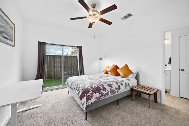 11008 Mikula Dr, Houston, TX 77043 - bedroom with access to exterior, carpet floors, connected bathroom, and a ceiling fan