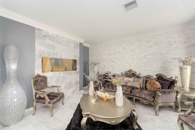 8002 Laguna Springs Ct, Houston, TX 77095 - living room featuring crown molding, brick wall, and an accent wall