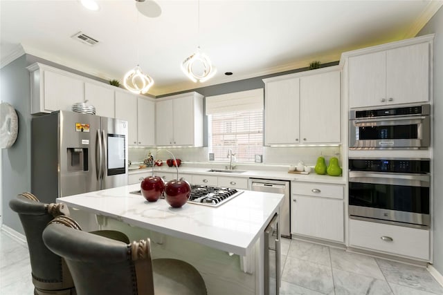 8002 Laguna Springs Ct, Houston, TX 77095 - kitchen with crown molding, stainless steel appliances, decorative backsplash, light marble finish flooring, and a kitchen breakfast bar