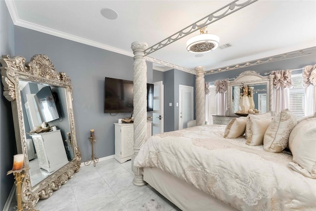 8002 Laguna Springs Ct, Houston, TX 77095 - bedroom featuring crown molding, ornate columns, and marble finish floors