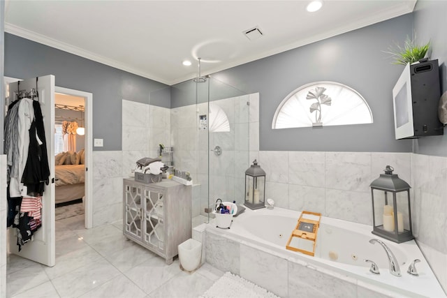 8002 Laguna Springs Ct, Houston, TX 77095 - ensuite bathroom featuring tiled shower, a whirlpool tub, ornamental molding, tile walls, and recessed lighting