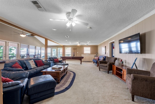 1831 Lakeview Estates Dr, Coldspring, TX 77331 - living room with pool table, crown molding, a ceiling fan, light colored carpet, and a textured ceiling