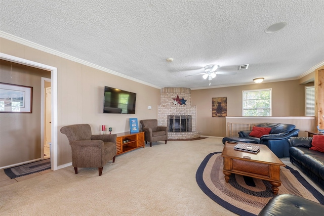1831 Lakeview Estates Dr, Coldspring, TX 77331 - living area with crown molding, a ceiling fan, light colored carpet, a textured ceiling, and a fireplace