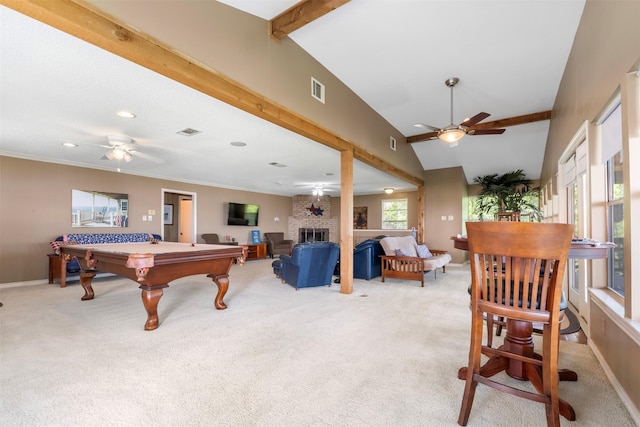 1831 Lakeview Estates Dr, Coldspring, TX 77331 - game room featuring a ceiling fan, light colored carpet, pool table, and recessed lighting
