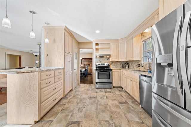 3310 Lake Heights Dr, Waco, TX 76708 - kitchen with stainless steel appliances, light brown cabinets, under cabinet range hood, open shelves, and backsplash