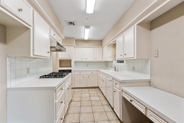 9622 Highmeadow Dr, Houston, TX 77063 - kitchen featuring stainless steel gas cooktop, dishwasher, backsplash, white cabinets, and light countertops