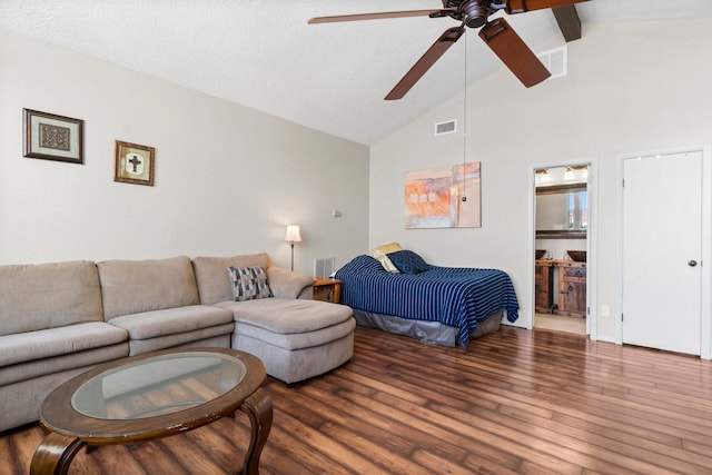 145 Capetown, Montgomery, TX 77356 - bedroom with wood finished floors, high vaulted ceiling, beam ceiling, ensuite bathroom, and ceiling fan