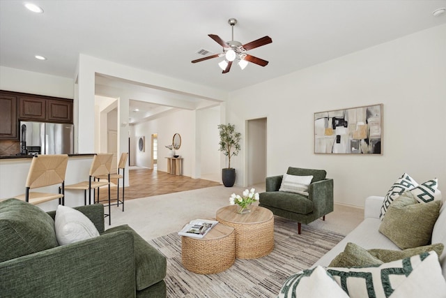 3112 Rock Brook Falls Ln, League City, TX 77573 - living room featuring light carpet, a ceiling fan, and recessed lighting