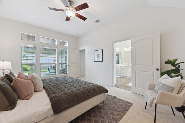 3112 Rock Brook Falls Ln, League City, TX 77573 - bedroom featuring light carpet, connected bathroom, and a ceiling fan