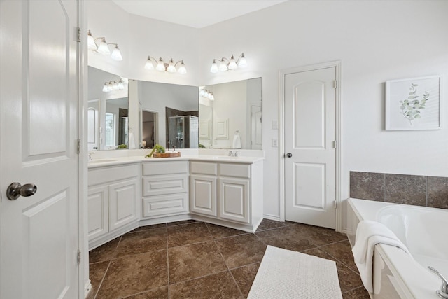 3112 Rock Brook Falls Ln, League City, TX 77573 - full bathroom featuring double vanity, a bath, a shower with door, and tile patterned floors