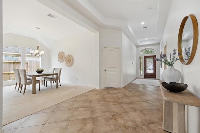 3112 Rock Brook Falls Ln, League City, TX 77573 - entrance foyer with a chandelier, light colored carpet, recessed lighting, light tile patterned floors, and vaulted ceiling