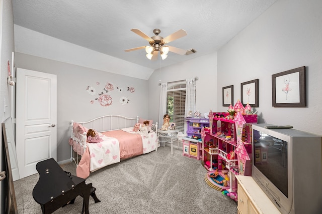 4402 Eden Point Ln, Katy, TX 77494 - bedroom featuring carpet, lofted ceiling, a textured ceiling, and ceiling fan