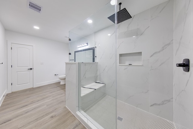 25050 Shady Oak Dr, Hockley, TX 77447 - full bathroom with a marble finish shower, wood finished floors, and recessed lighting