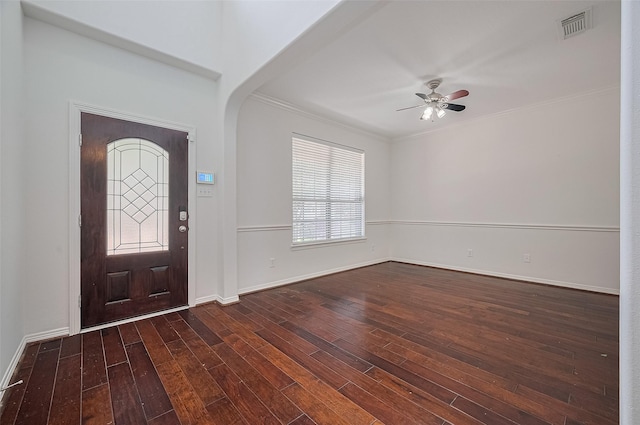4142 Regal Stone Ln, Sugar Land, TX 77479 - foyer with hardwood / wood-style floors, ceiling fan, and crown molding