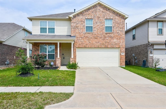 3514 Marquesa Ln, Houston, TX 77084 - traditional-style home featuring brick siding, an attached garage, a front lawn, driveway, and roof with shingles