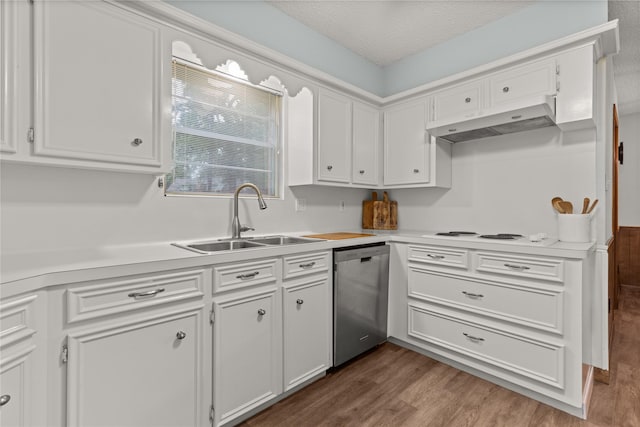2006 Echo Ridge Ct, Houston, TX 77339 - kitchen featuring dishwasher, under cabinet range hood, white cabinets, white electric cooktop, and a textured ceiling