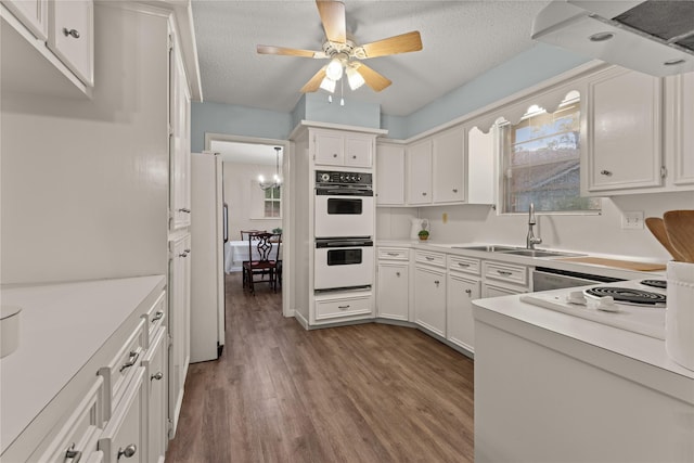 2006 Echo Ridge Ct, Houston, TX 77339 - kitchen featuring white appliances, ceiling fan, dark wood-style floors, light countertops, and a textured ceiling