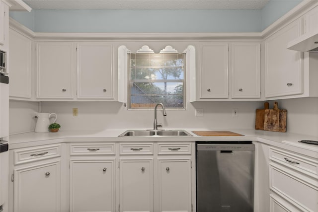 2006 Echo Ridge Ct, Houston, TX 77339 - kitchen with stainless steel dishwasher, white cabinets, light countertops, and wall chimney range hood