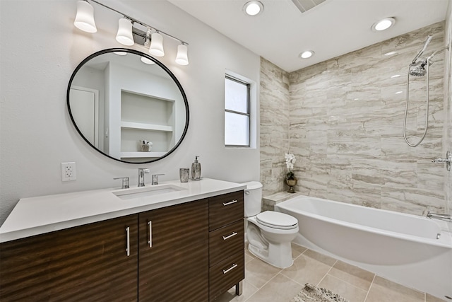 1201 Shady Oak Ln, Dickinson, TX 77539 - full bathroom featuring vanity, bathing tub / shower combination, tile patterned flooring, and recessed lighting