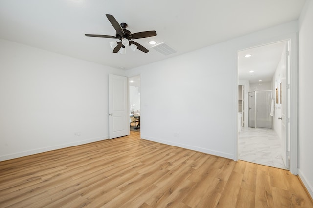 6618 Mirabeau Ln, Katy, TX 77493 - unfurnished bedroom with light wood-type flooring, recessed lighting, ensuite bath, and ceiling fan