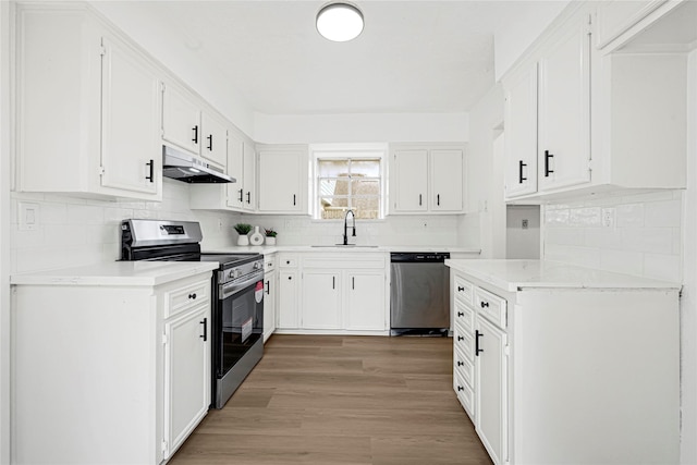 711 Charidges Dr, Houston, TX 77034 - kitchen with stainless steel appliances, under cabinet range hood, light countertops, light wood-type flooring, and white cabinetry