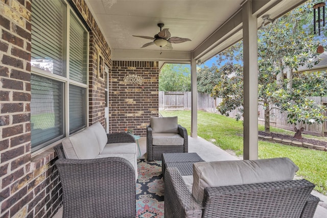 1900 Pagemill Ln, Conroe, TX 77304 - fenced backyard with ceiling fan and an outdoor living space