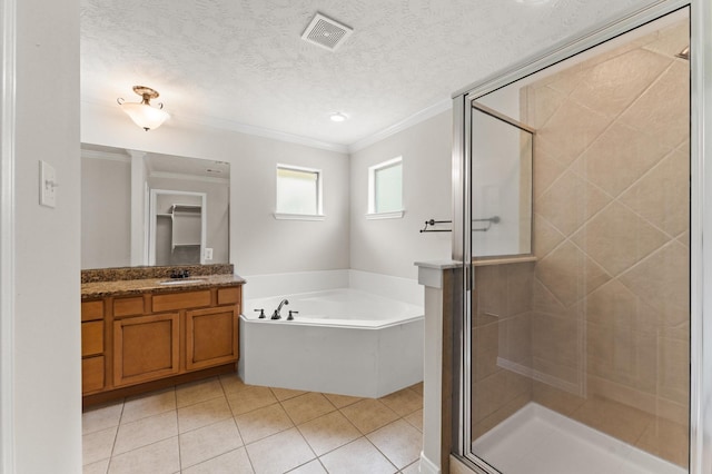 14607 Dawn Mist Ct, Magnolia, TX 77354 - full bathroom featuring a garden tub, crown molding, a shower stall, vanity, and tile patterned flooring