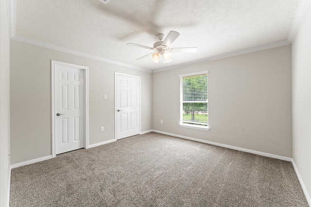 14607 Dawn Mist Ct, Magnolia, TX 77354 - unfurnished bedroom featuring crown molding, carpet flooring, a textured ceiling, and a ceiling fan