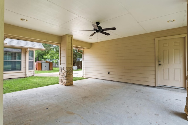 14607 Dawn Mist Ct, Magnolia, TX 77354 - view of patio featuring a storage unit and a ceiling fan
